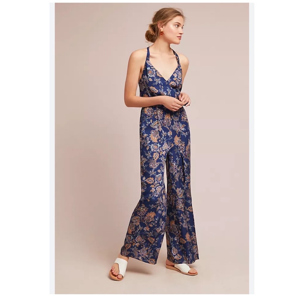 Anthropologie Etttwa Floral Halter Jumpsuit Navy Blue Paisley Wide Leg Small S